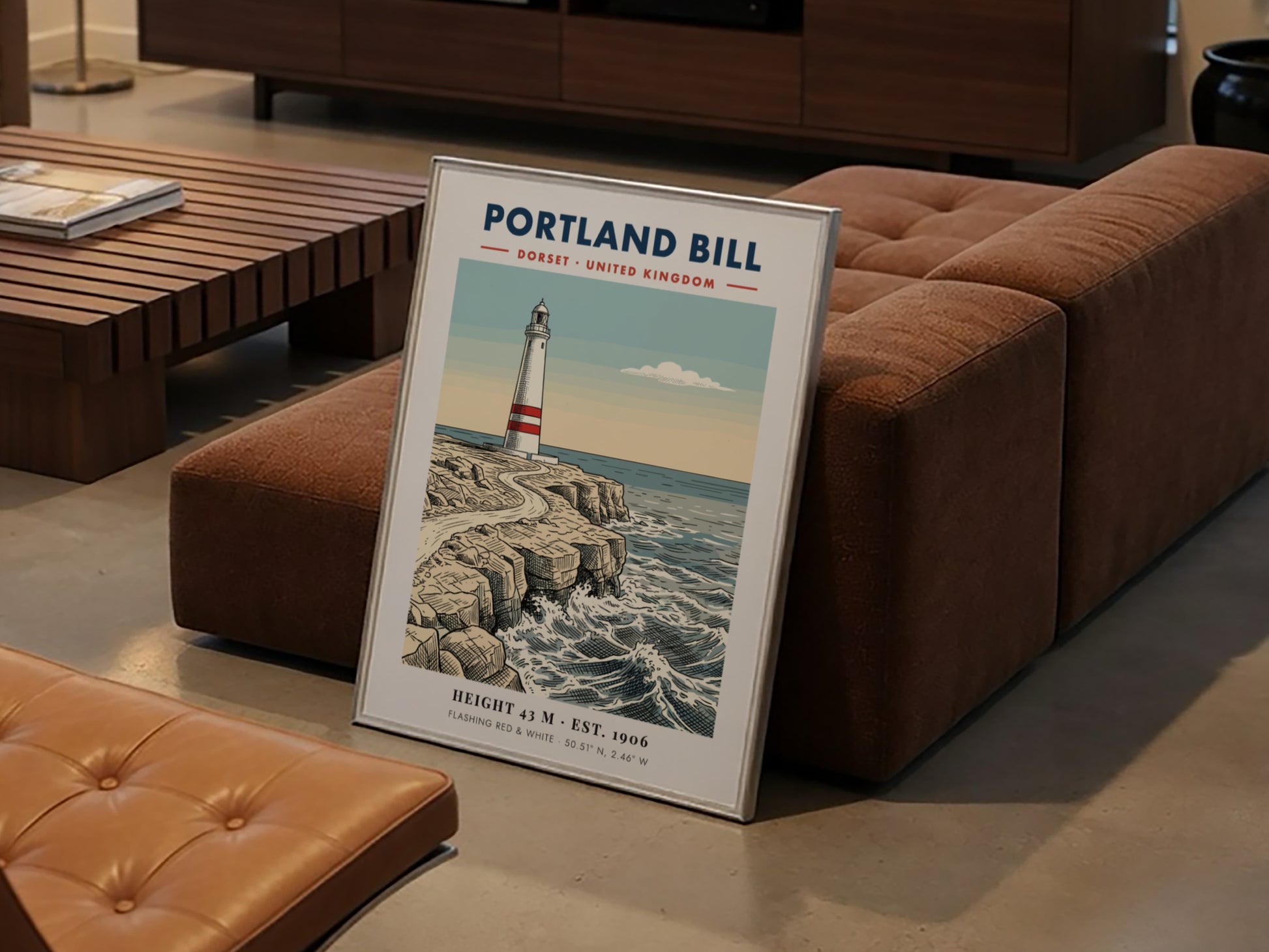 Poster of the Portland Bill lighthouse on rugged Dorset cliffs with blue ocean waves.