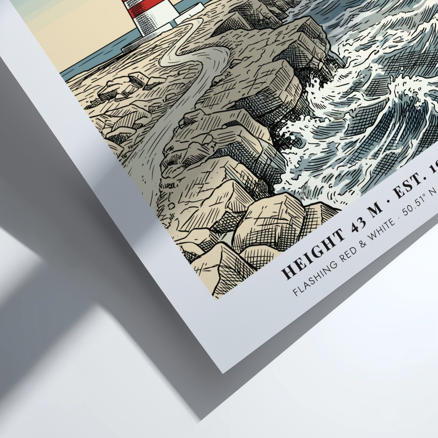 Poster of the Portland Bill lighthouse on rugged Dorset cliffs with blue ocean waves.