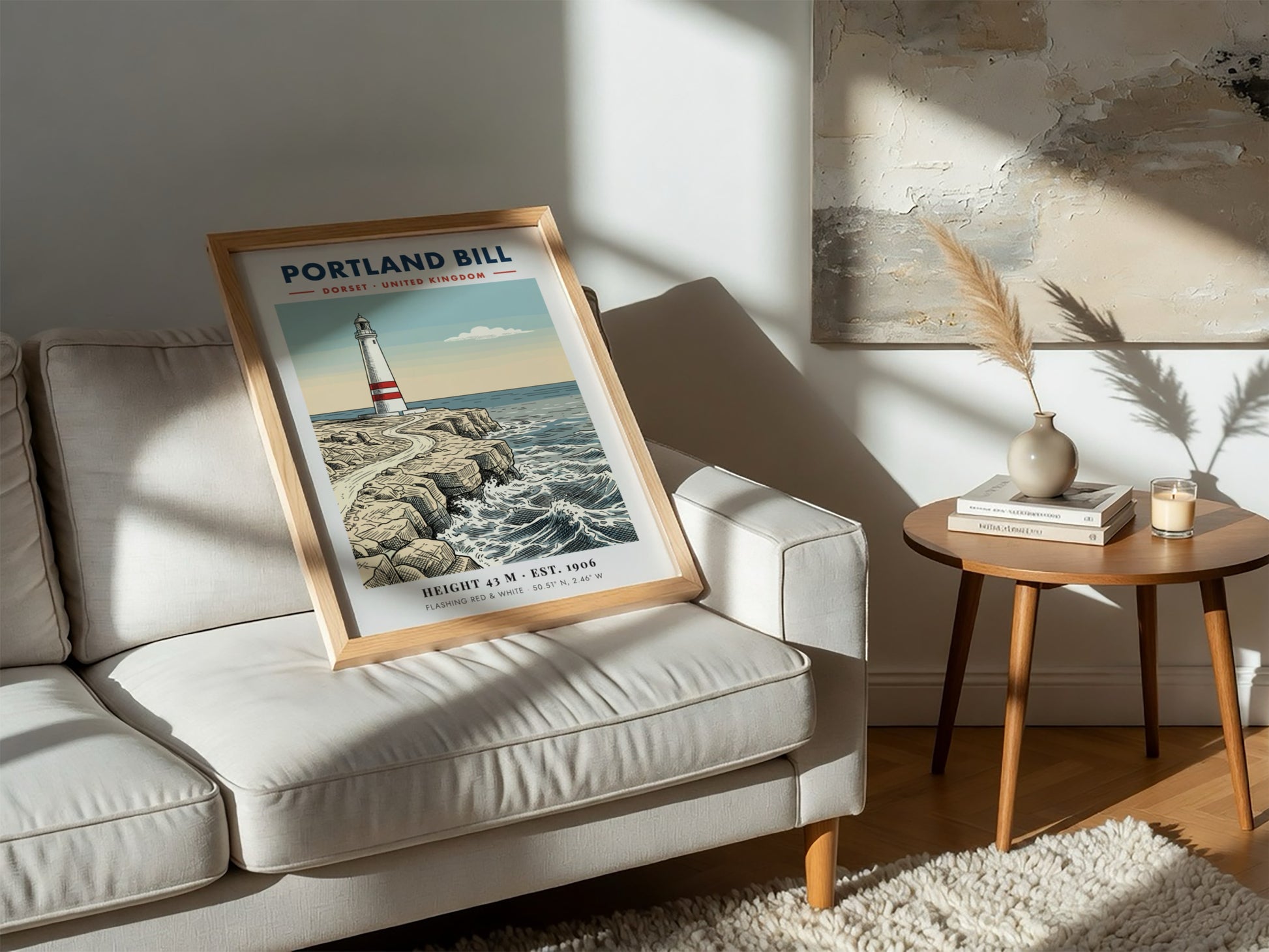 Poster of the Portland Bill lighthouse on rugged Dorset cliffs with blue ocean waves.