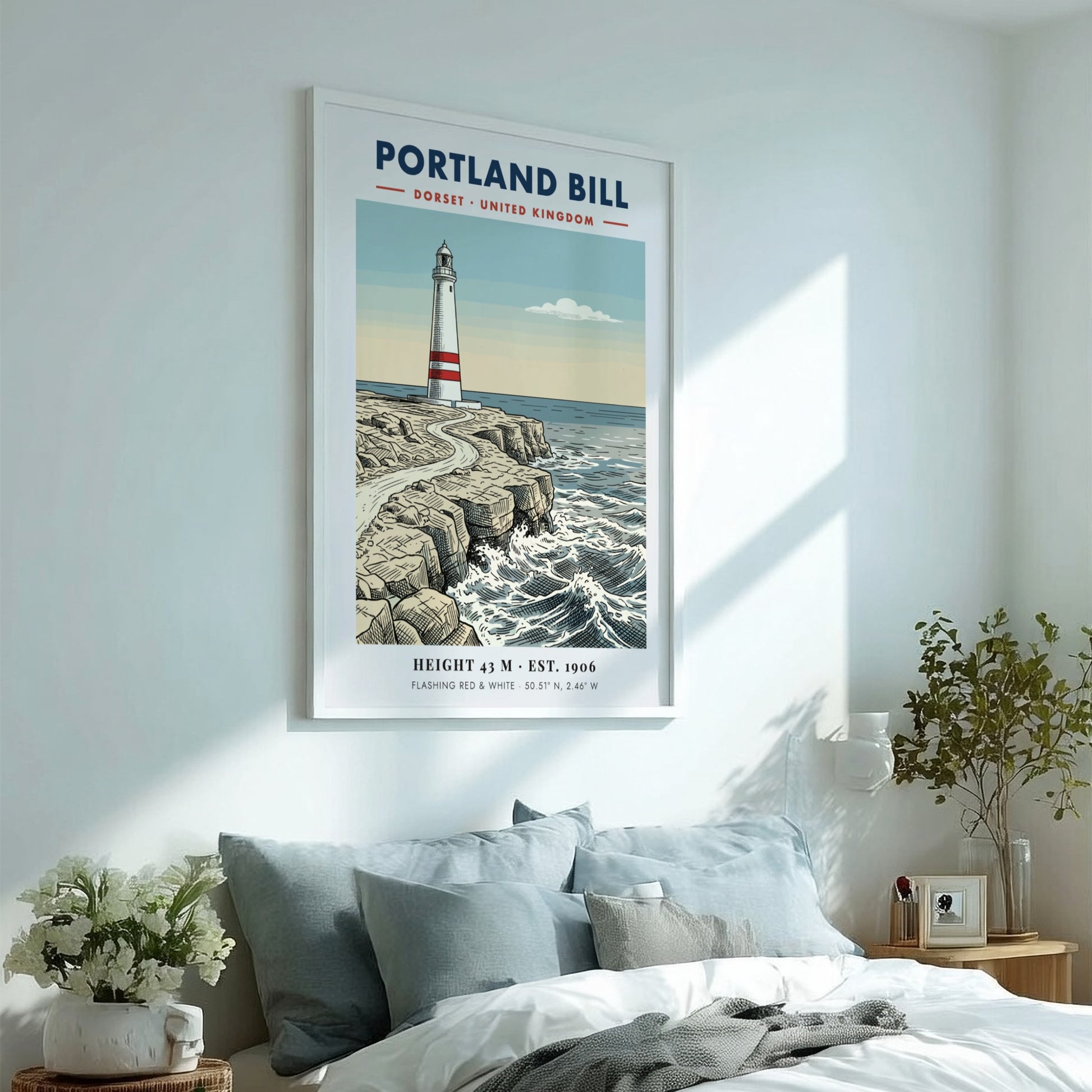 Poster of the Portland Bill lighthouse on rugged Dorset cliffs with blue ocean waves.