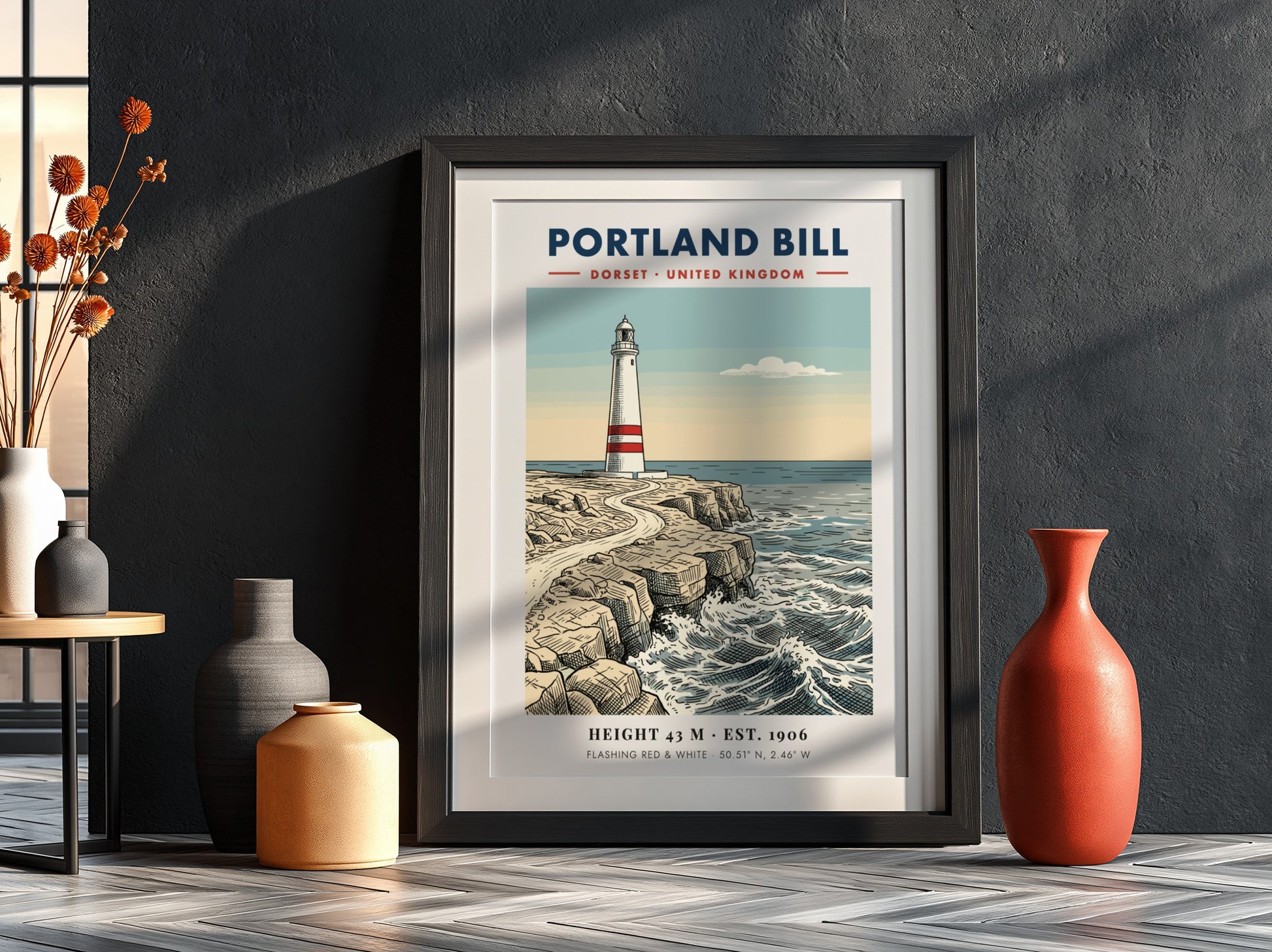 Poster of the Portland Bill lighthouse on rugged Dorset cliffs with blue ocean waves.