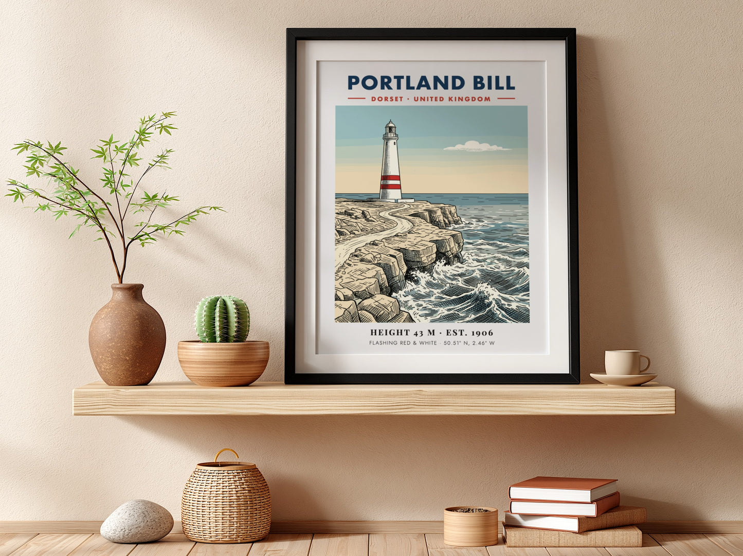 Poster of the Portland Bill lighthouse on rugged Dorset cliffs with blue ocean waves.
