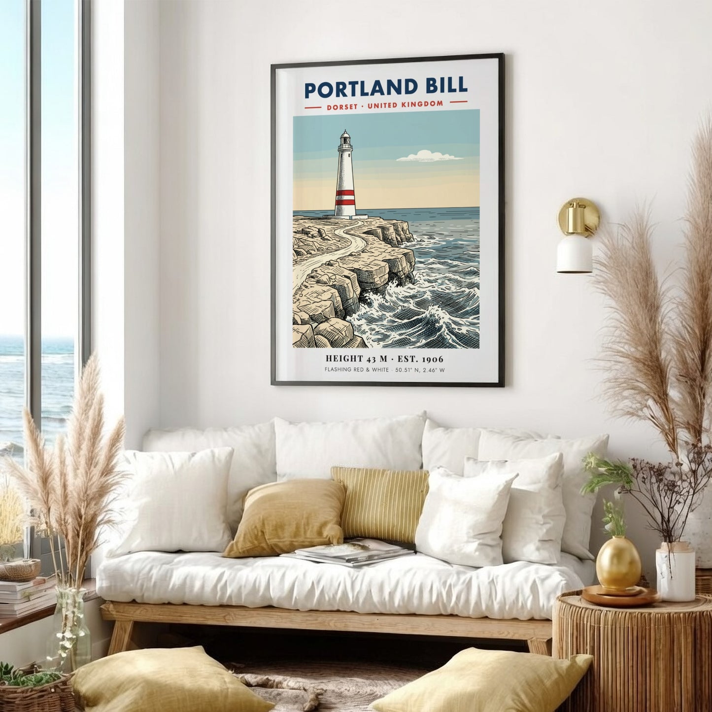 Poster of the Portland Bill lighthouse on rugged Dorset cliffs with blue ocean waves.