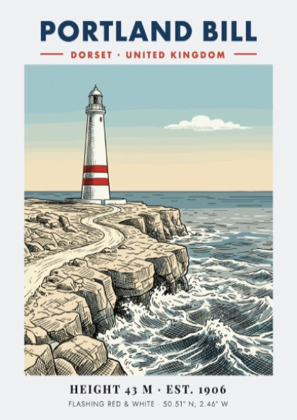 Poster of the Portland Bill lighthouse on rugged Dorset cliffs with blue ocean waves.