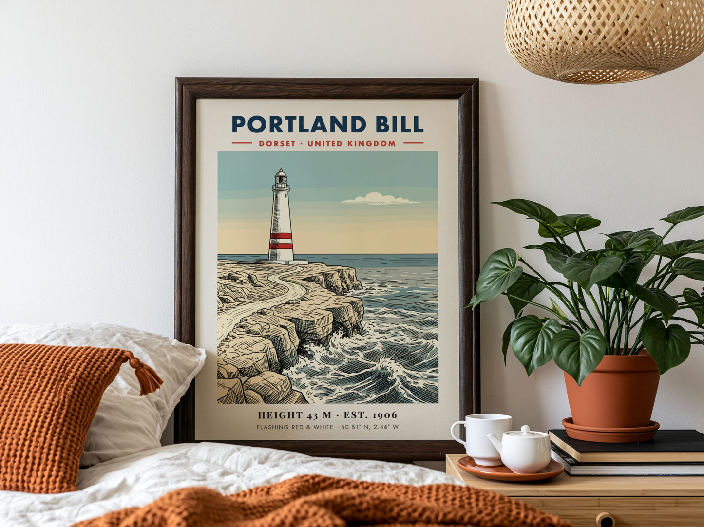 Poster of the Portland Bill lighthouse on rugged Dorset cliffs with blue ocean waves.