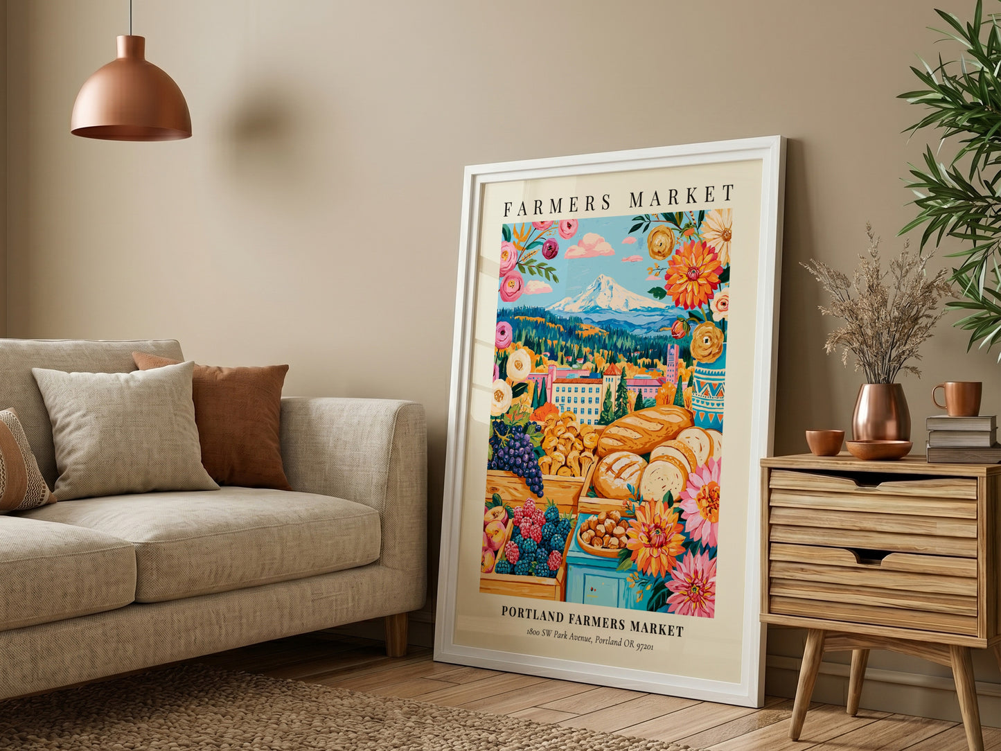 Portland Farmers Market poster featuring colorful produce and flowers in vibrant hues