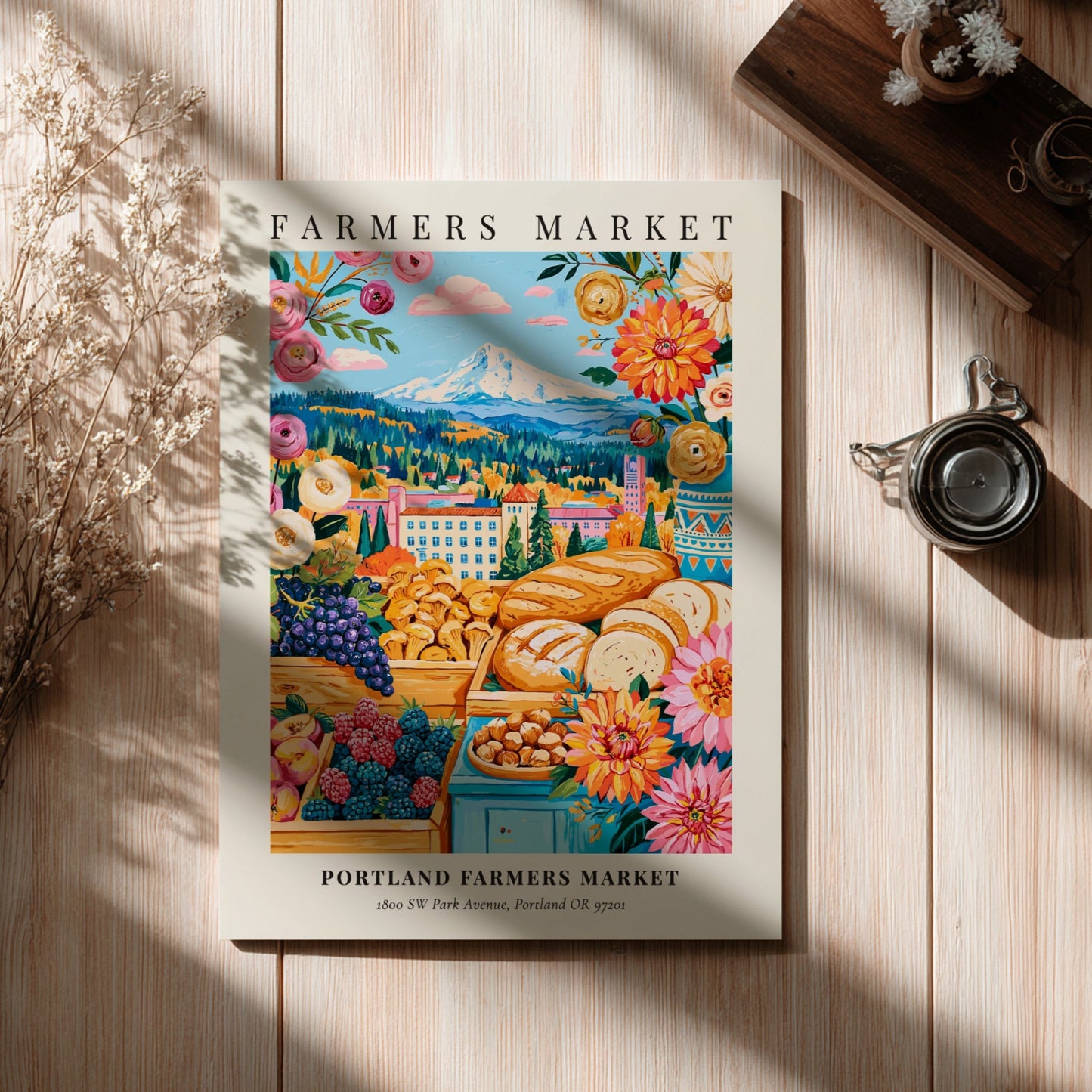 Portland Farmers Market poster featuring colorful produce and flowers in vibrant hues