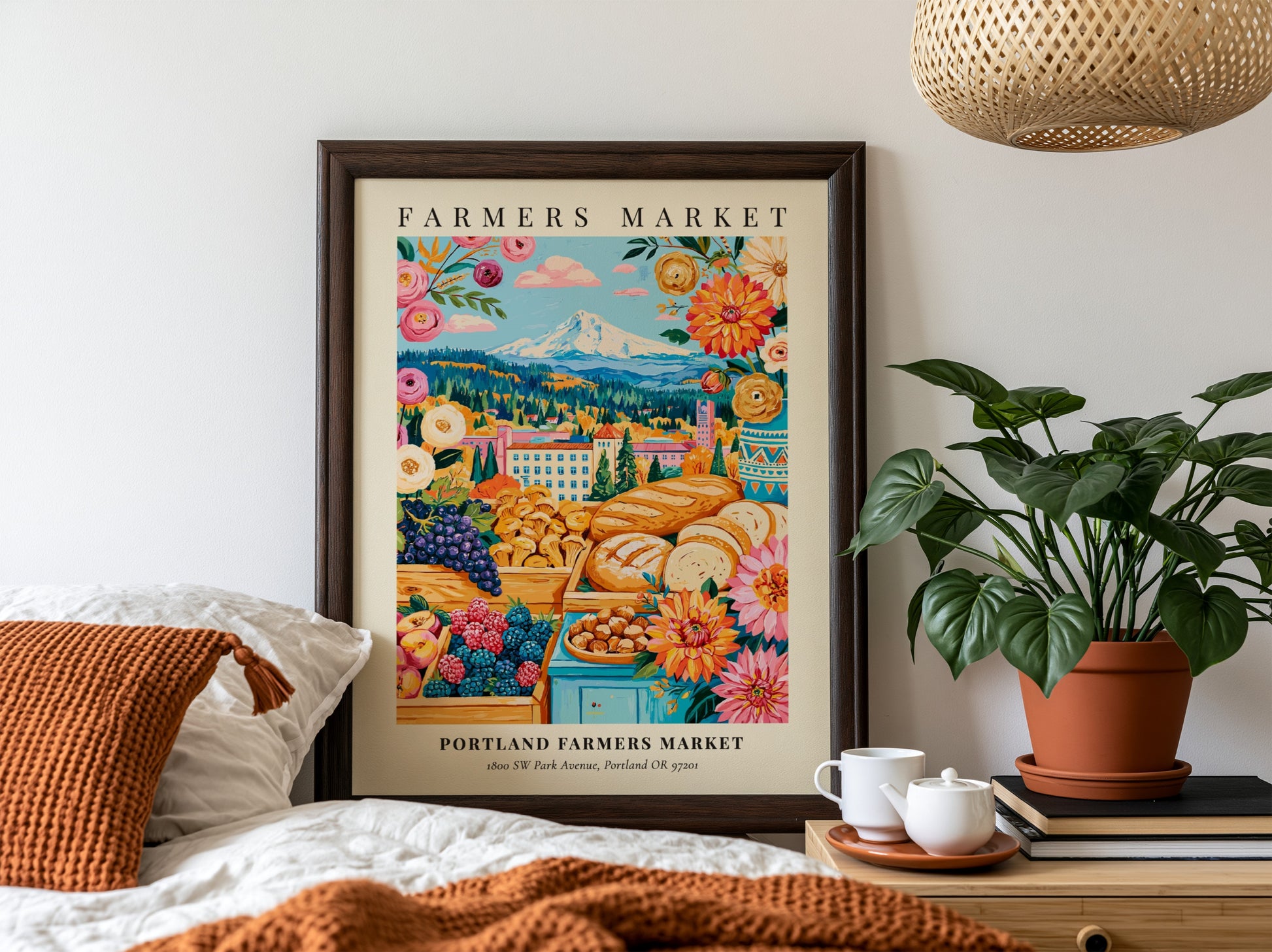 Portland Farmers Market poster featuring colorful produce and flowers in vibrant hues