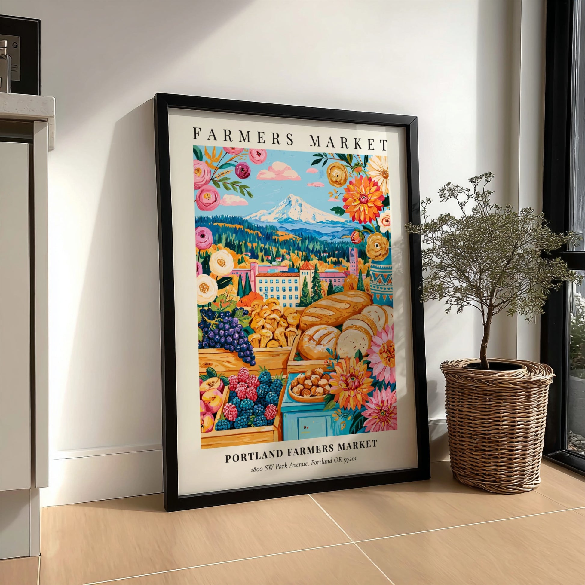 Portland Farmers Market poster featuring colorful produce and flowers in vibrant hues