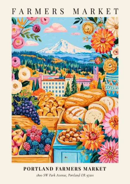Portland Farmers Market poster featuring colorful produce and flowers in vibrant hues