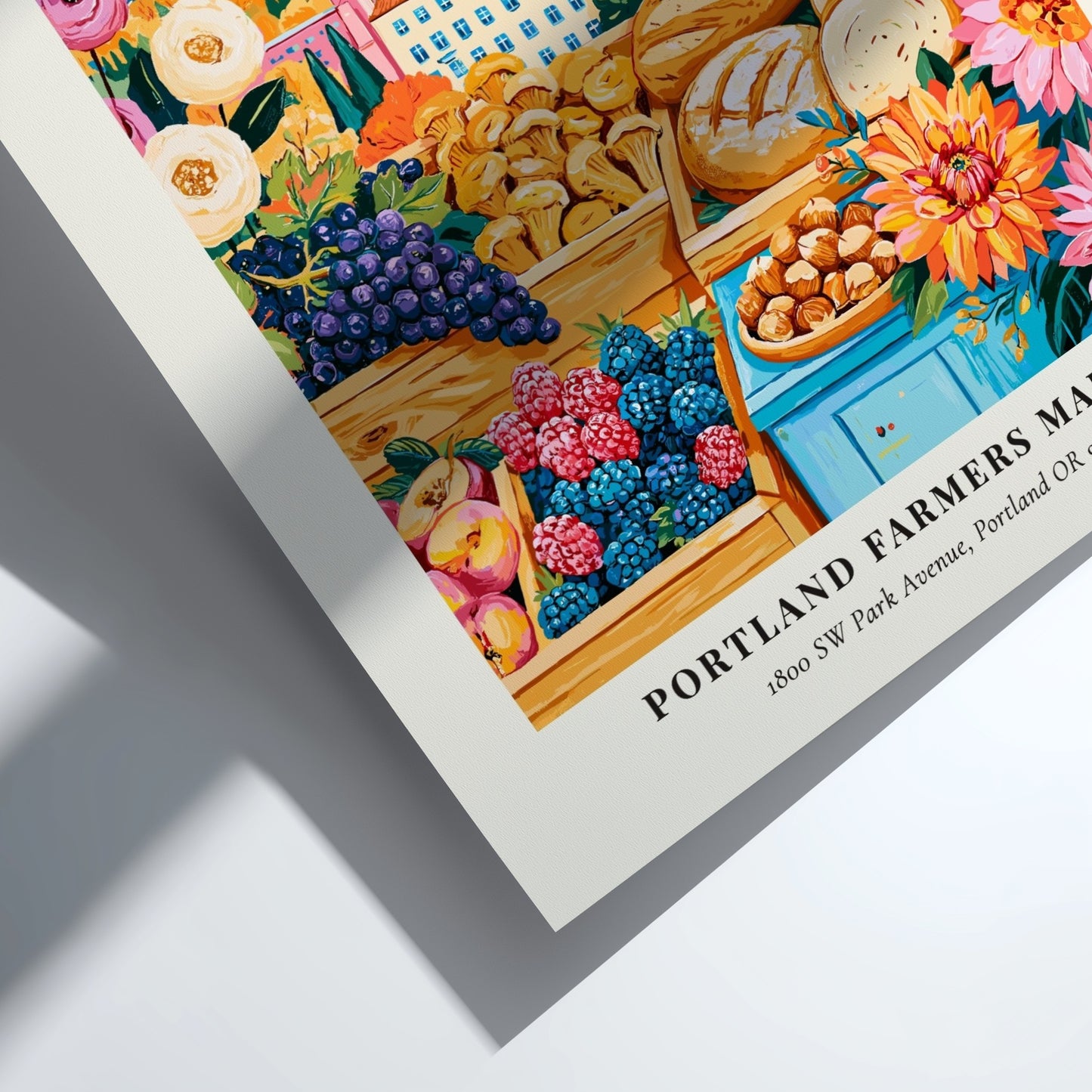Portland Farmers Market poster featuring colorful produce and flowers in vibrant hues