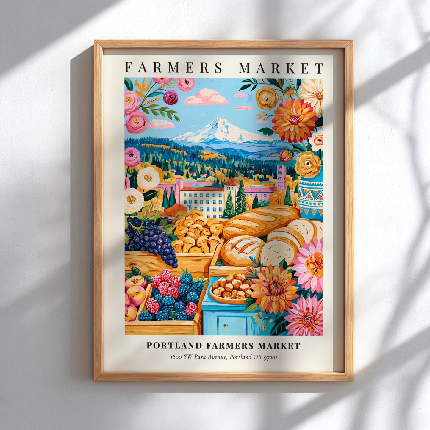 Portland Farmers Market poster featuring colorful produce and flowers in vibrant hues