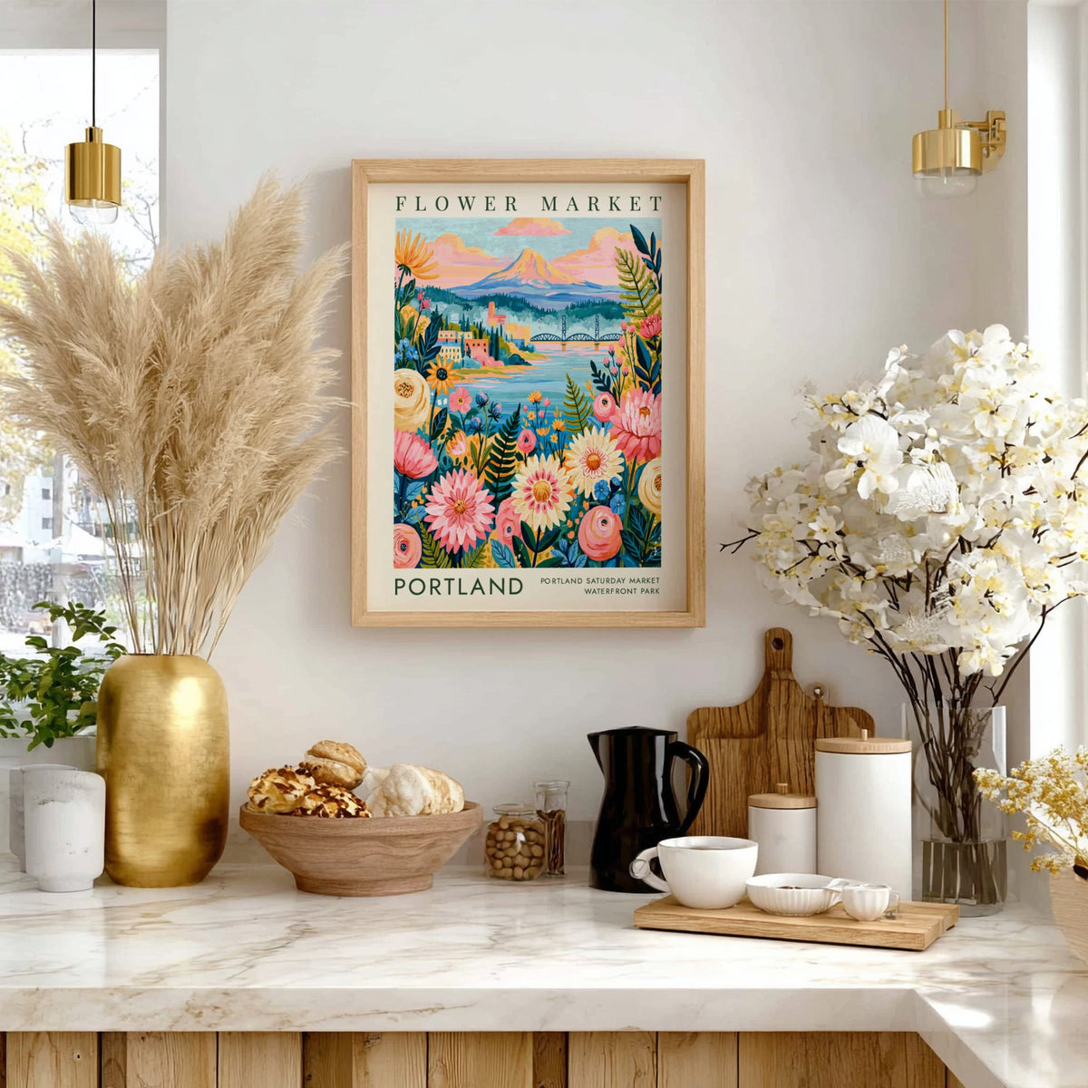 Flower market poster showcasing colorful blooms and a vibrant cityscape in Portland, perfect for home decor.
