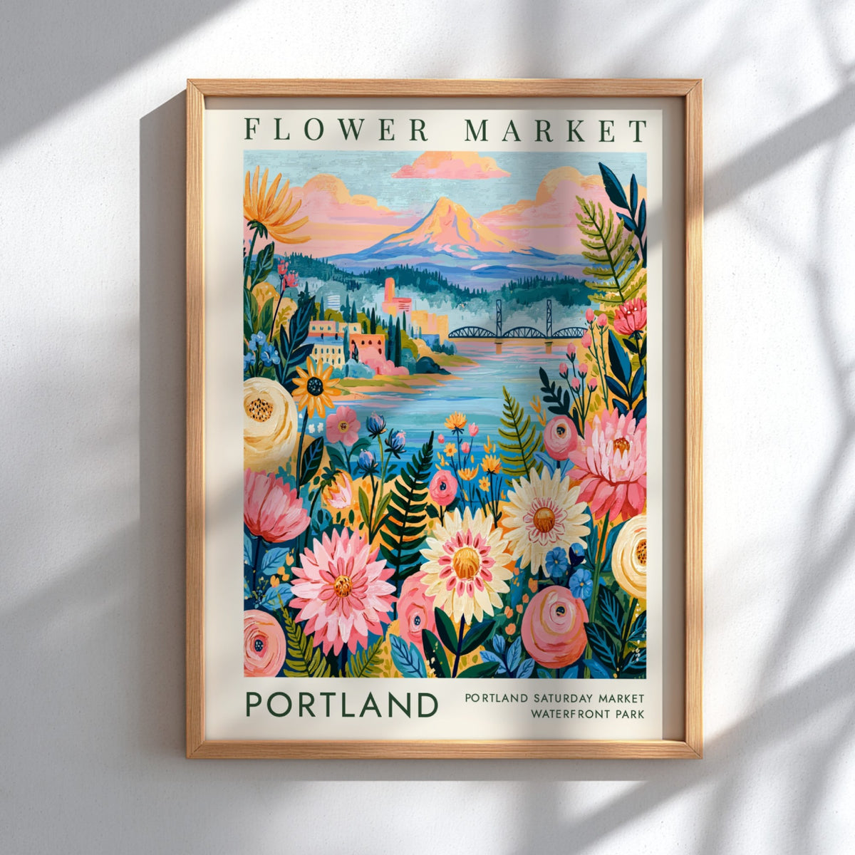 Flower market poster showcasing colorful blooms and a vibrant cityscape in Portland, perfect for home decor.