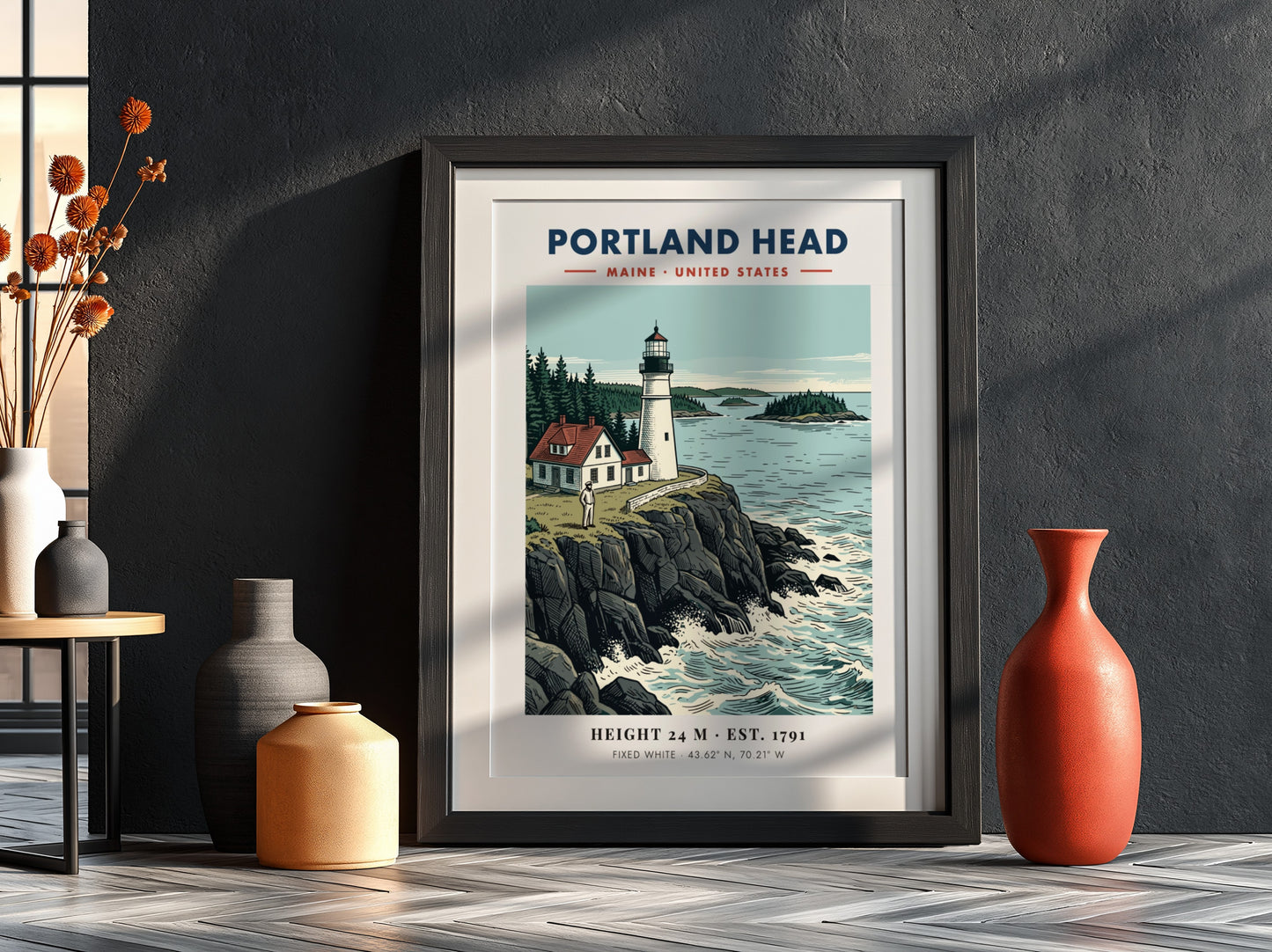 Poster of Portland Head lighthouse in Maine featuring rocky cliffs and blue ocean waters.