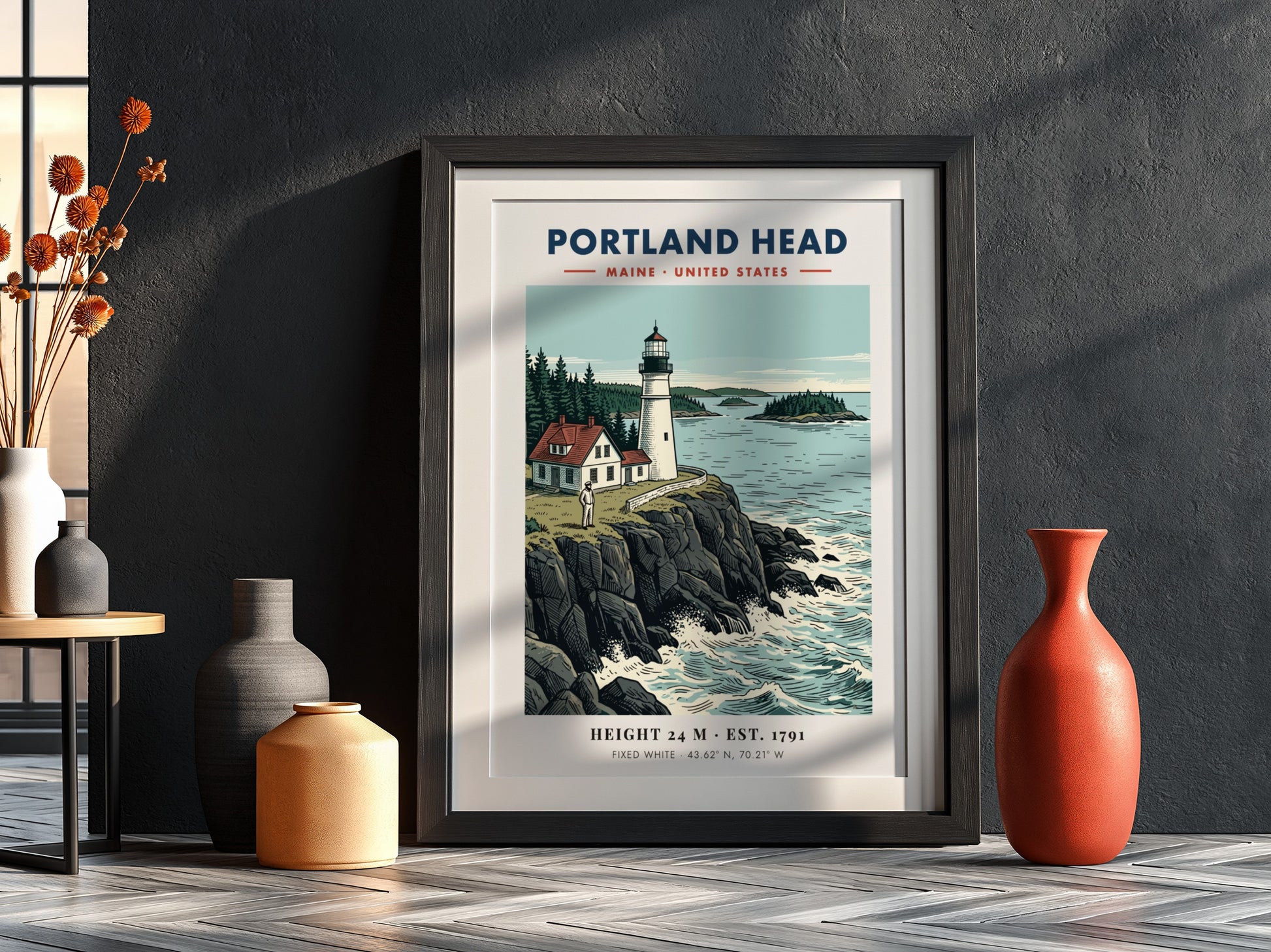 Poster of Portland Head lighthouse in Maine featuring rocky cliffs and blue ocean waters.
