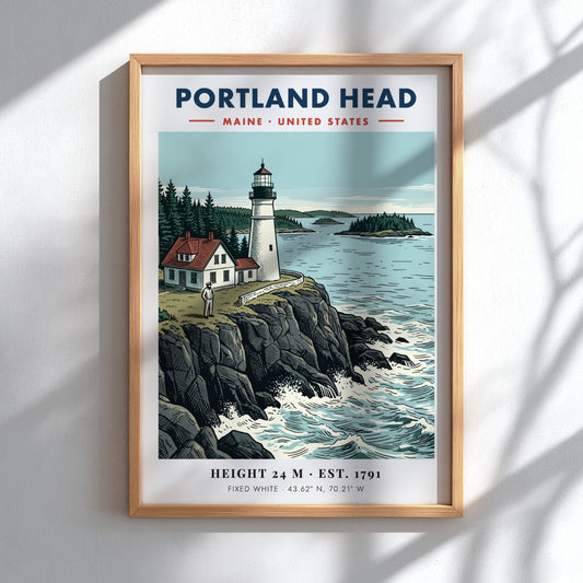 Poster of Portland Head lighthouse in Maine featuring rocky cliffs and blue ocean waters.