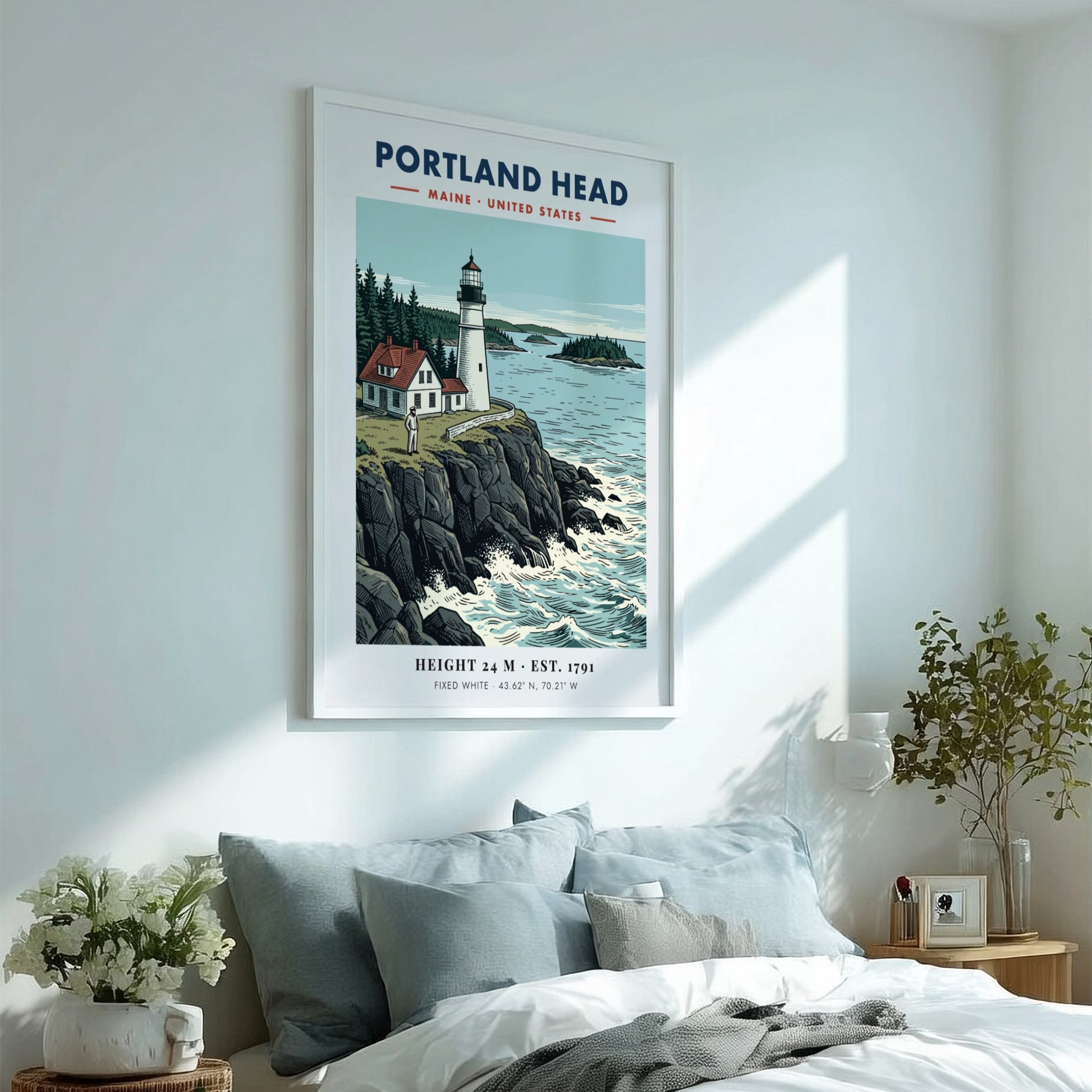 Poster of Portland Head lighthouse in Maine featuring rocky cliffs and blue ocean waters.