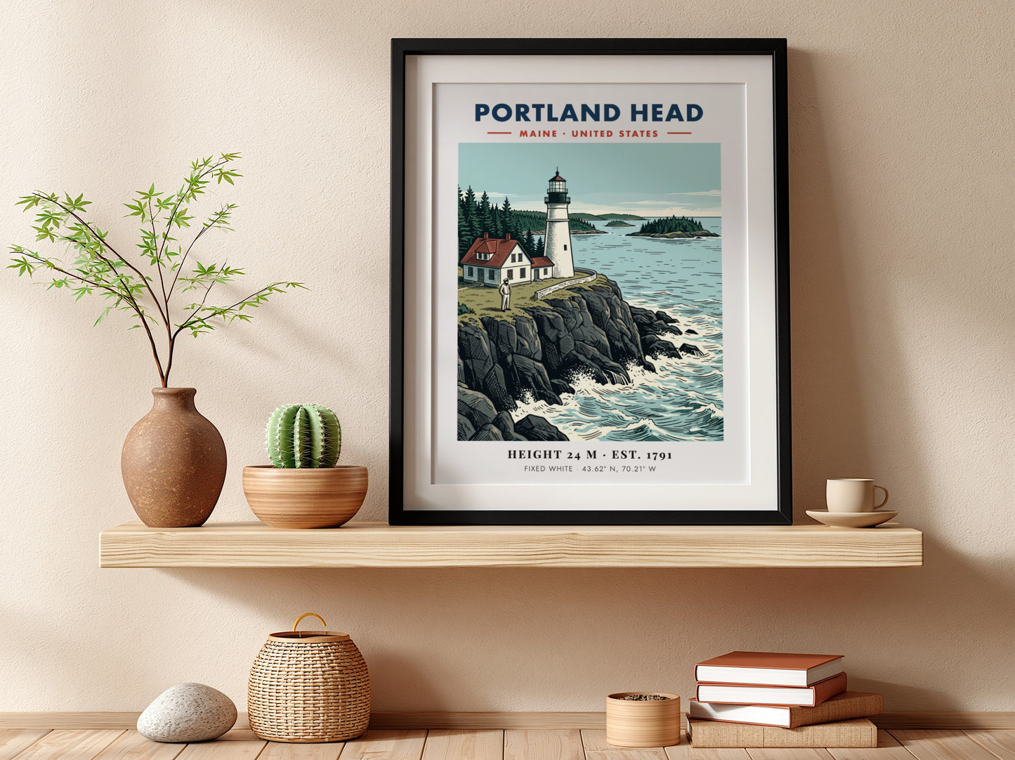 Poster of Portland Head lighthouse in Maine featuring rocky cliffs and blue ocean waters.