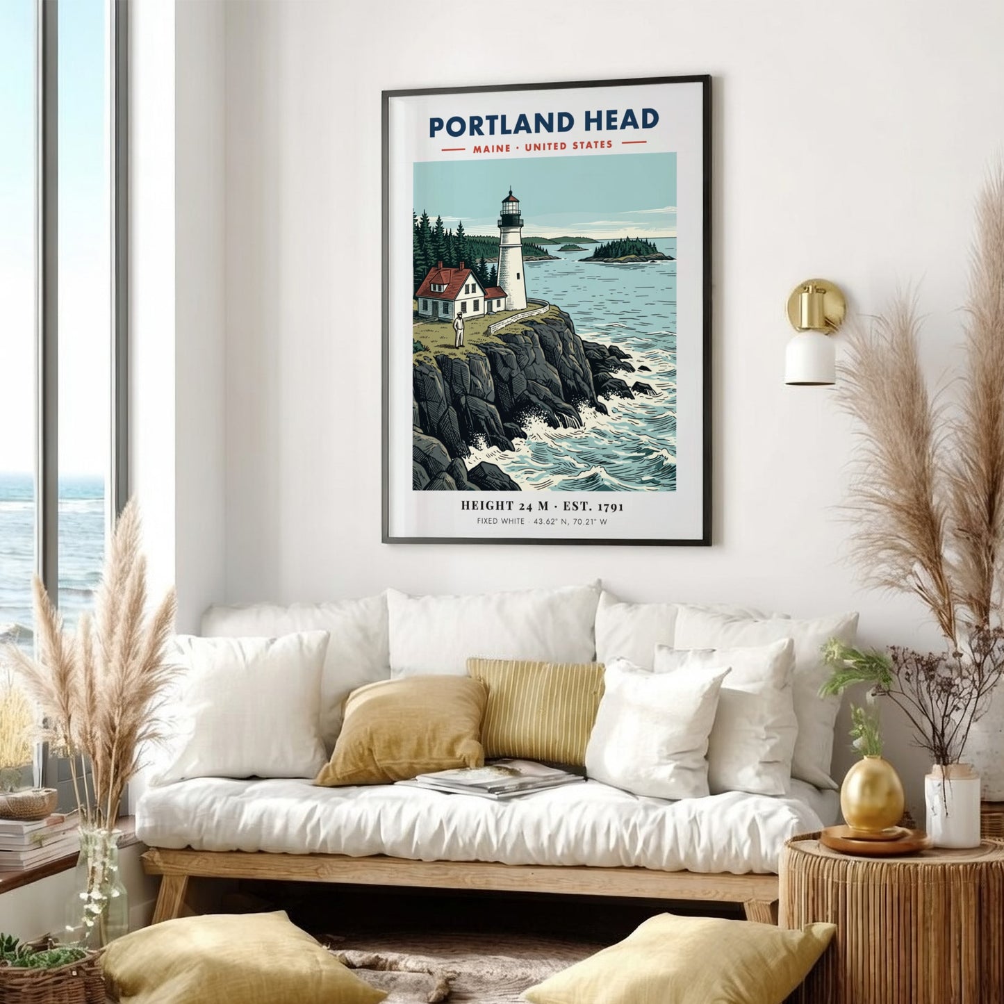 Poster of Portland Head lighthouse in Maine featuring rocky cliffs and blue ocean waters.