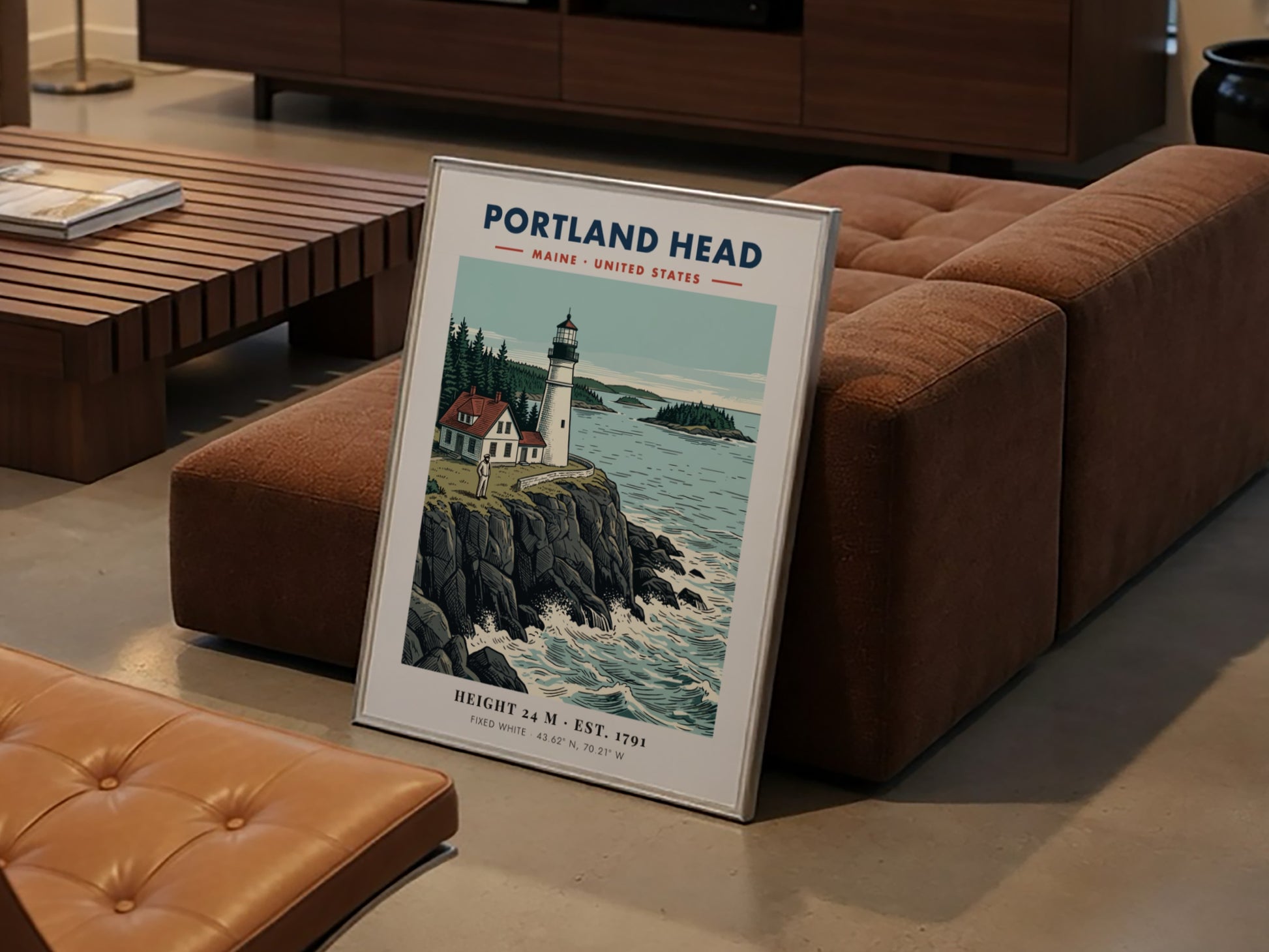 Poster of Portland Head lighthouse in Maine featuring rocky cliffs and blue ocean waters.