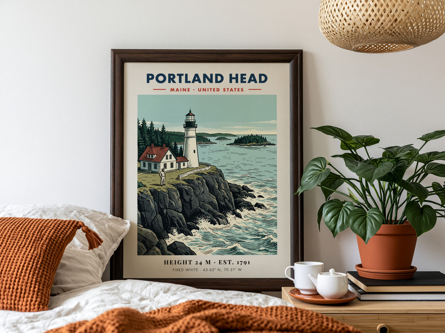 Poster of Portland Head lighthouse in Maine featuring rocky cliffs and blue ocean waters.