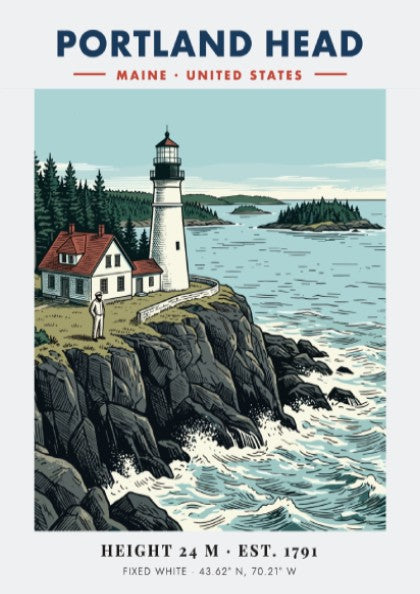 Poster of Portland Head lighthouse in Maine featuring rocky cliffs and blue ocean waters.
