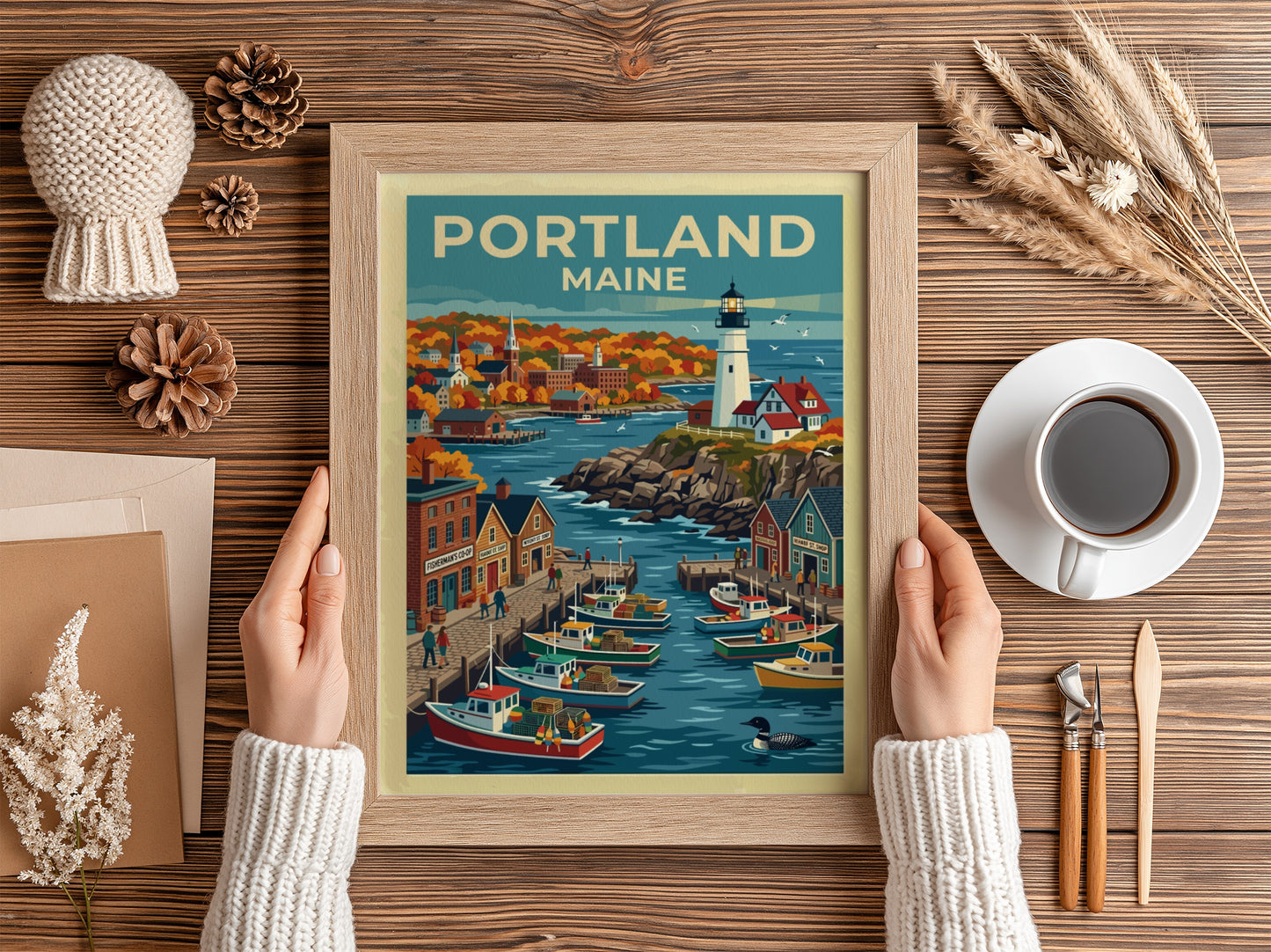 Travel poster of Portland Maine featuring a lighthouse, fishing boats, and autumn foliage.