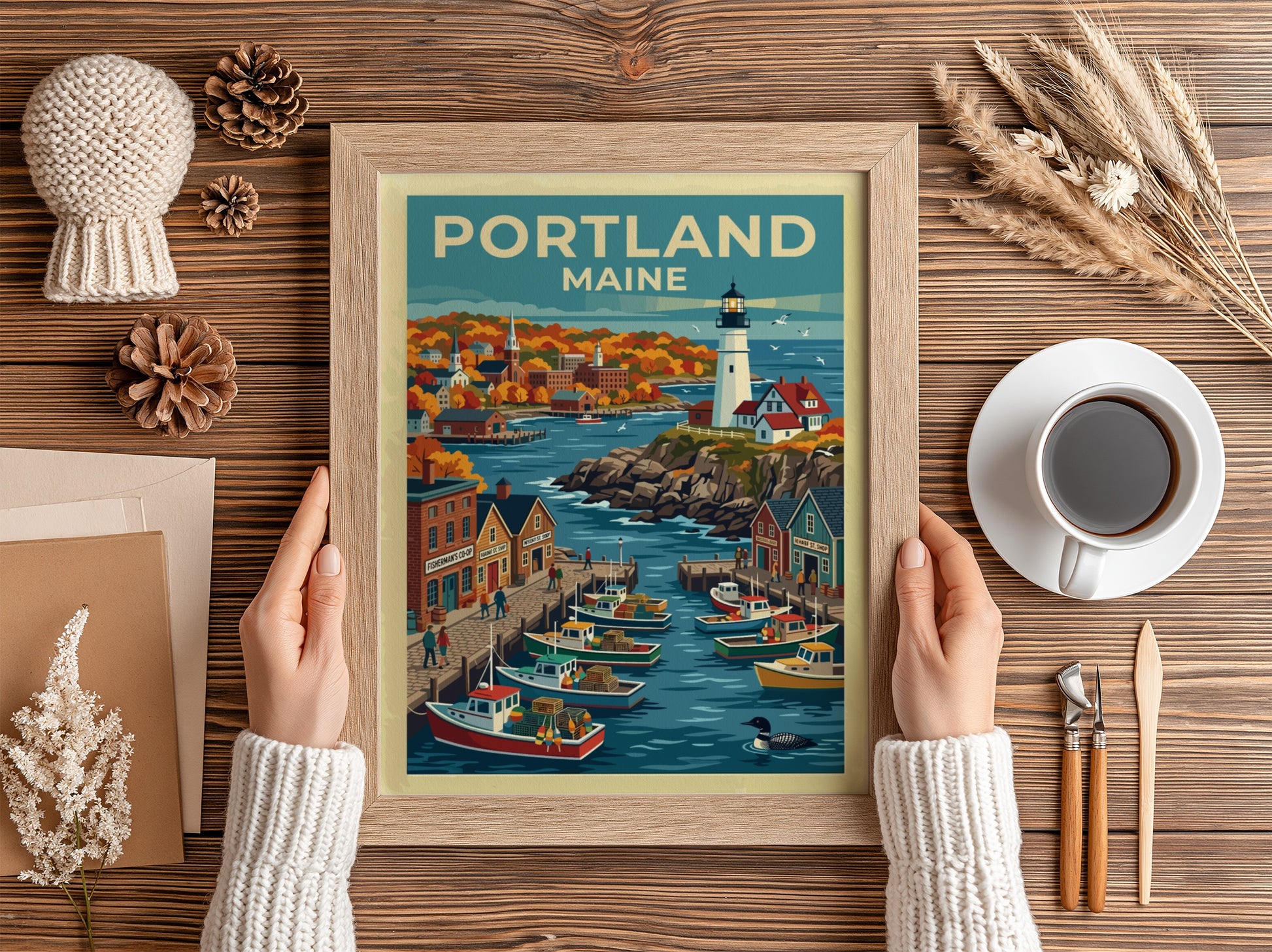 Travel poster of Portland Maine featuring a lighthouse, fishing boats, and autumn foliage.