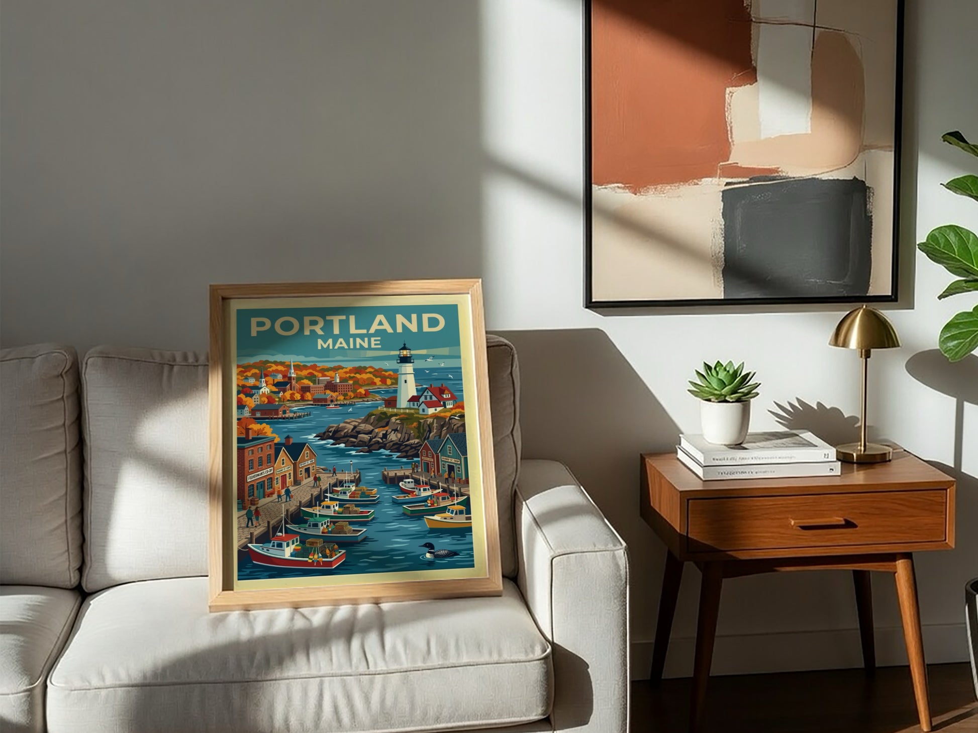 Travel poster of Portland Maine featuring a lighthouse, fishing boats, and autumn foliage.