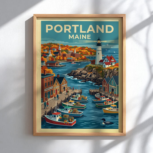 Travel poster of Portland Maine featuring a lighthouse, fishing boats, and autumn foliage.
