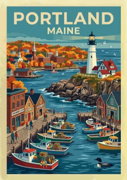 Travel poster of Portland Maine featuring a lighthouse, fishing boats, and autumn foliage.