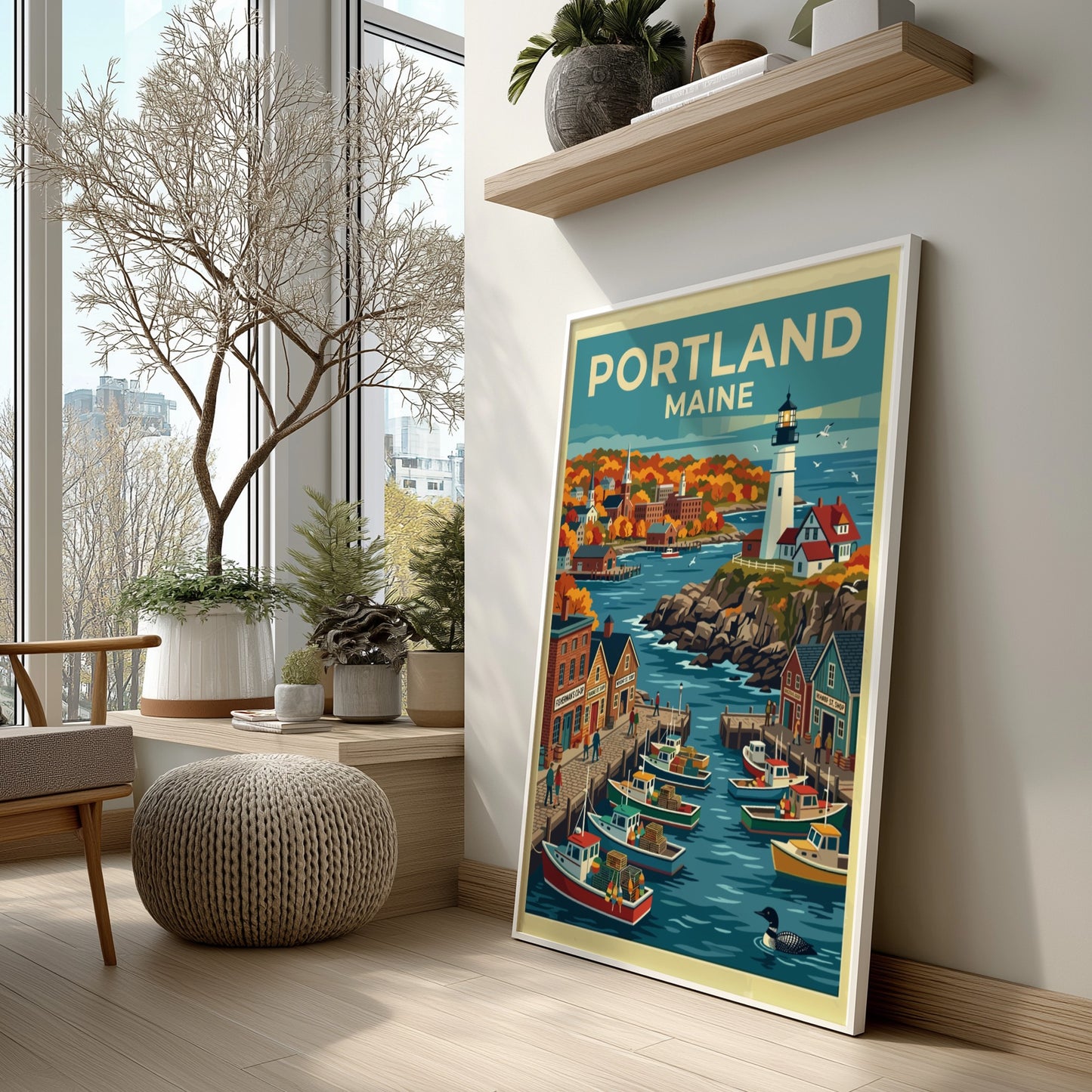 Travel poster of Portland Maine featuring a lighthouse, fishing boats, and autumn foliage.
