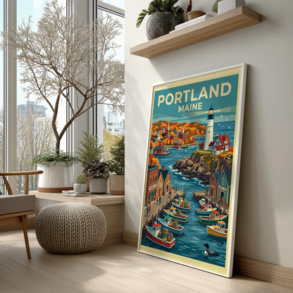 Travel poster of Portland Maine featuring a lighthouse, fishing boats, and autumn foliage.
