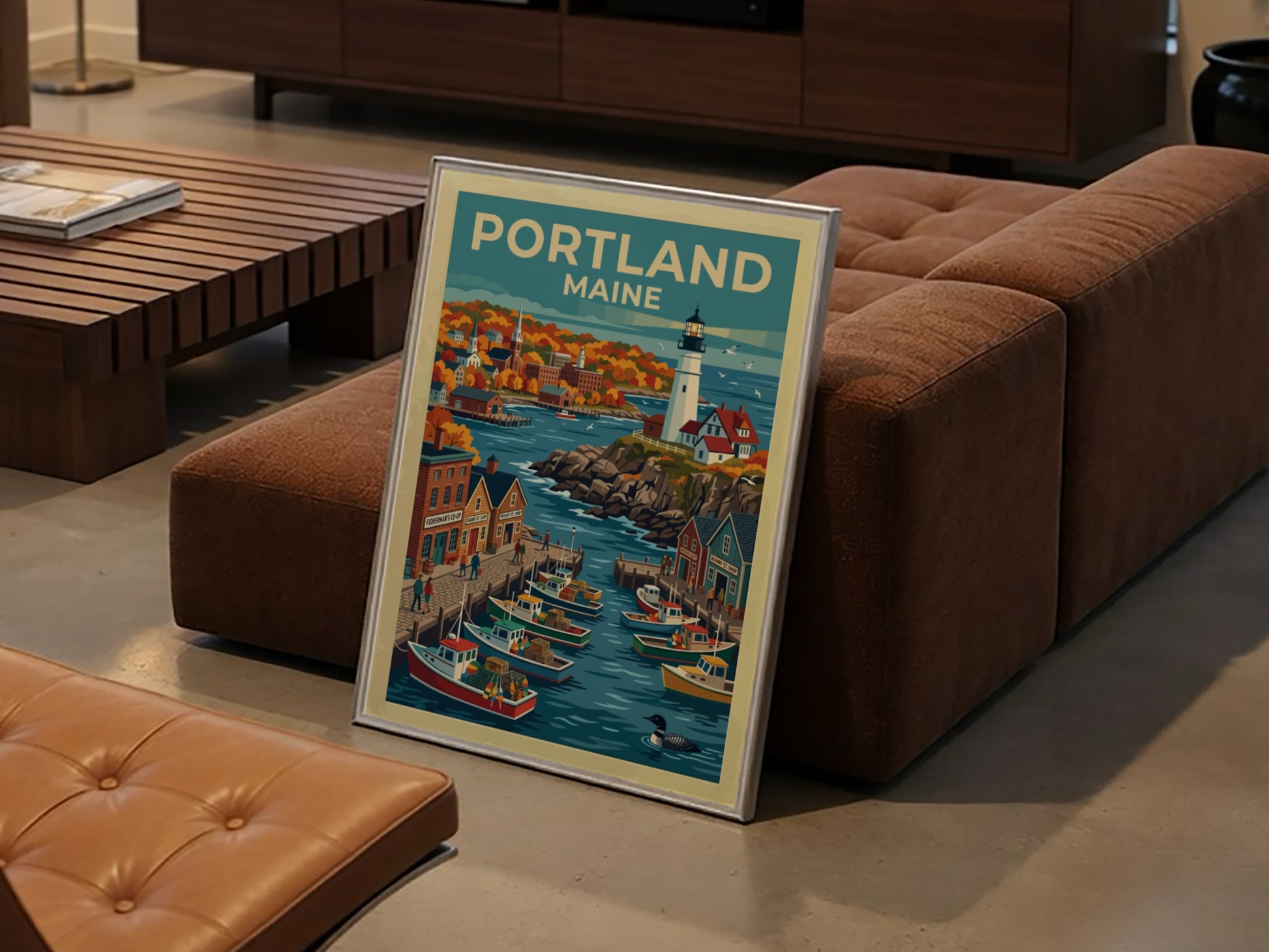 Travel poster of Portland Maine featuring a lighthouse, fishing boats, and autumn foliage.