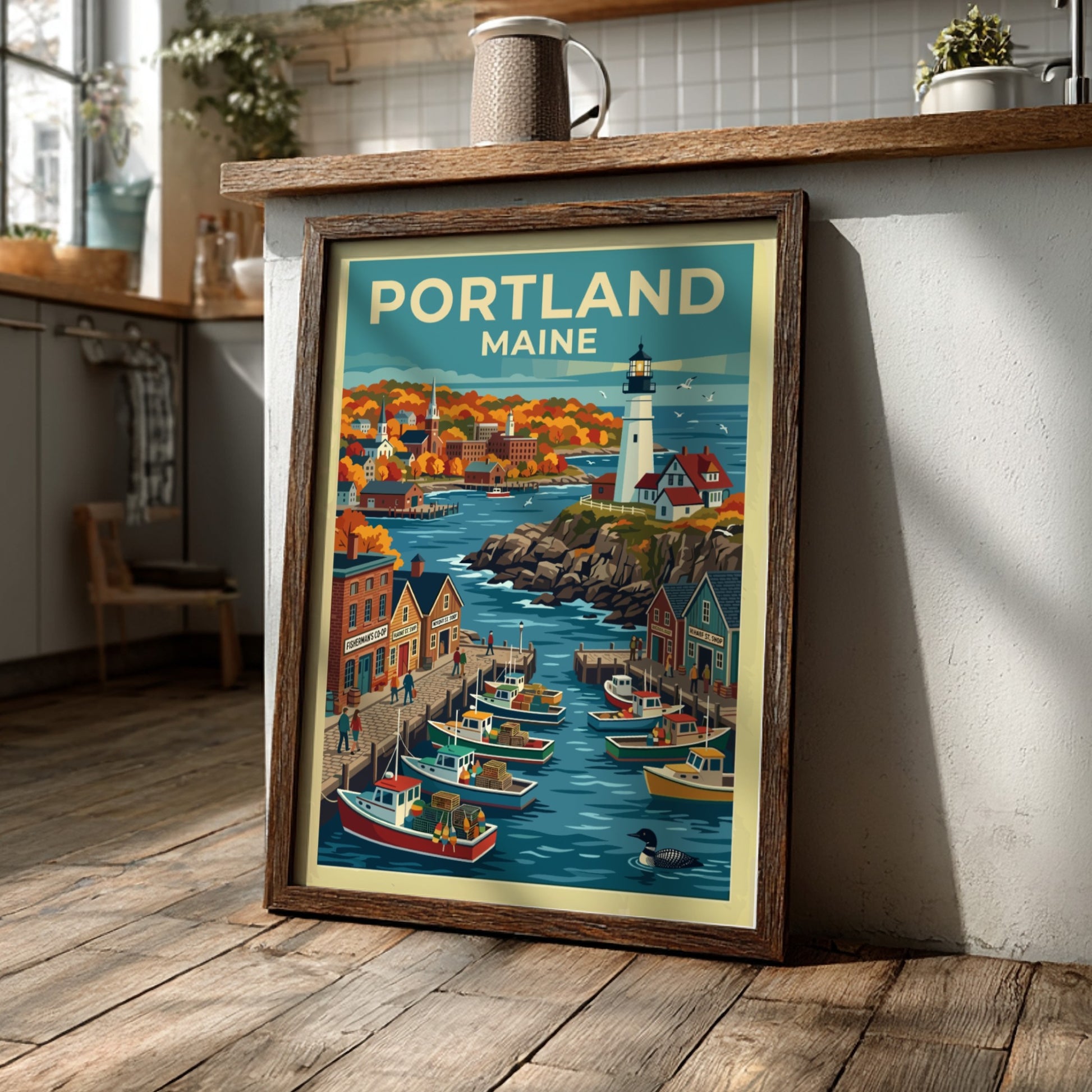 Travel poster of Portland Maine featuring a lighthouse, fishing boats, and autumn foliage.