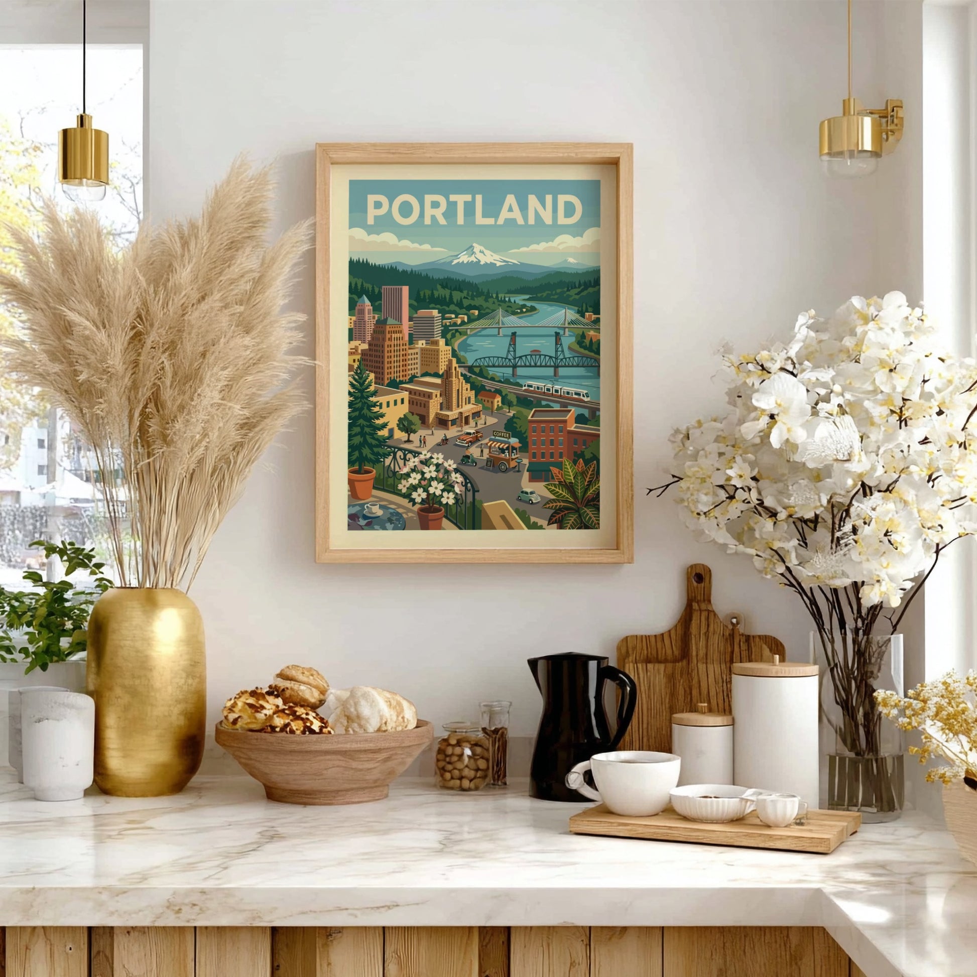 Stylized Portland cityscape art print with bridges, river, and Mount Hood in a retro color palette.