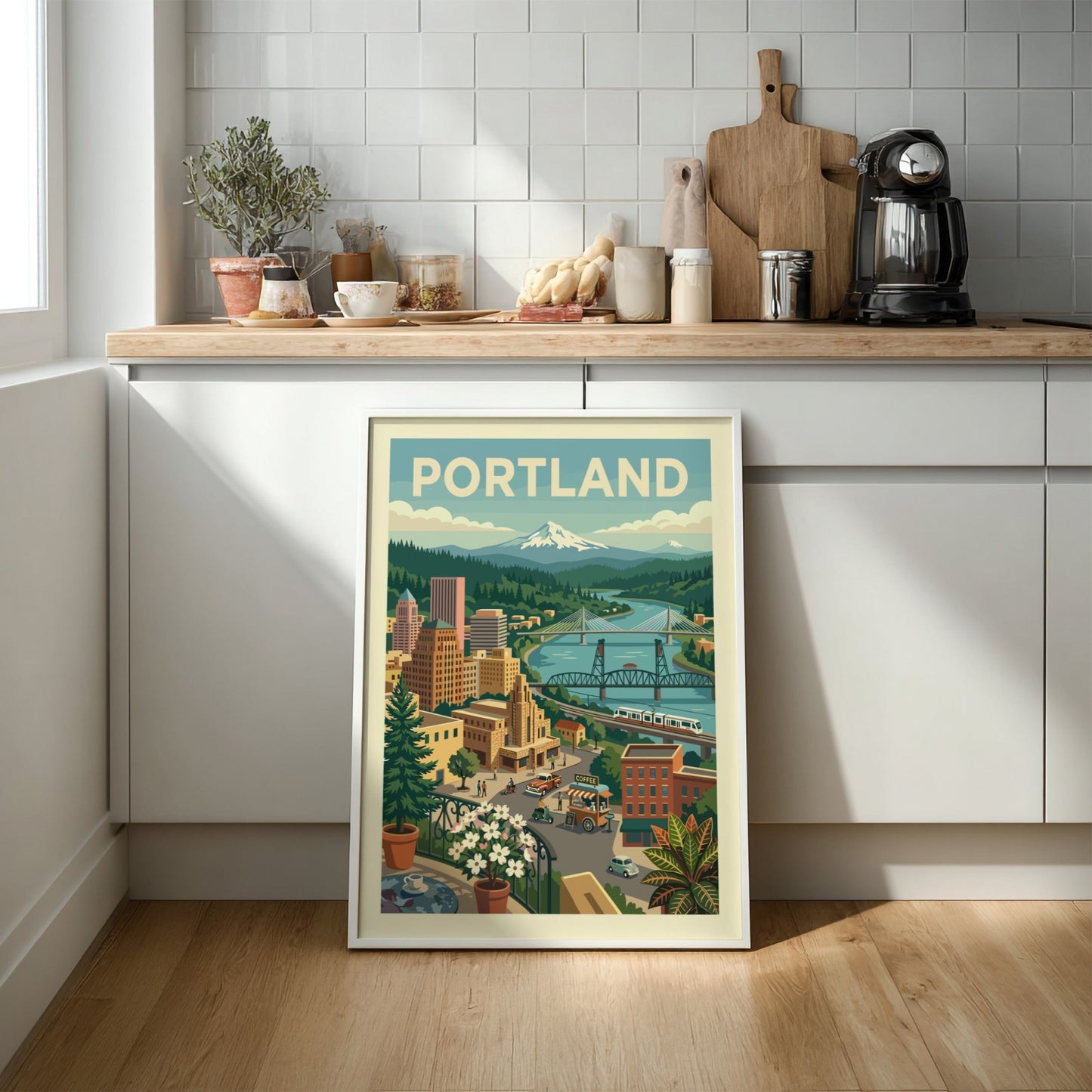 Stylized Portland cityscape art print with bridges, river, and Mount Hood in a retro color palette.