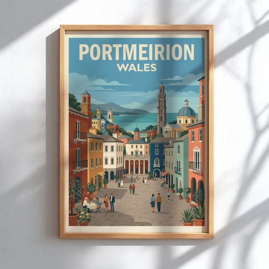 Poster of Portmeirion Wales featuring colourful Italianate architecture, a clock tower, and people walking.