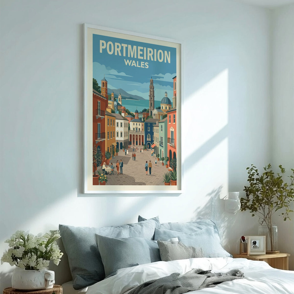 Poster of Portmeirion Wales featuring colourful Italianate architecture, a clock tower, and people walking.