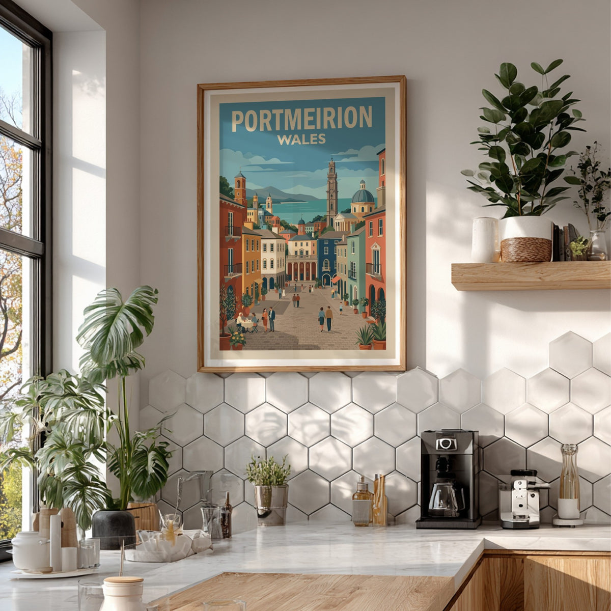 Poster of Portmeirion Wales featuring colourful Italianate architecture, a clock tower, and people walking.