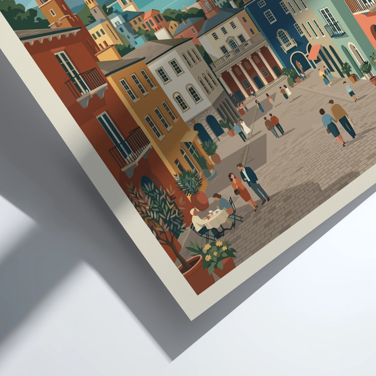 Poster of Portmeirion Wales featuring colourful Italianate architecture, a clock tower, and people walking.