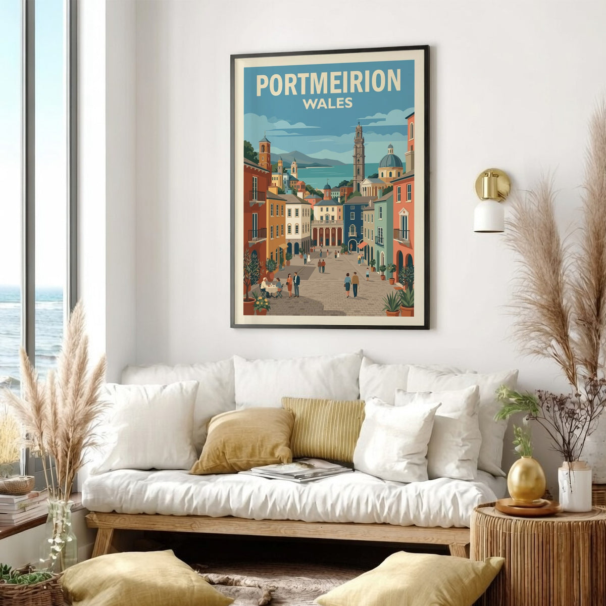 Poster of Portmeirion Wales featuring colourful Italianate architecture, a clock tower, and people walking.