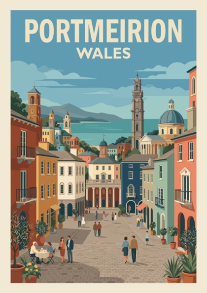 Poster of Portmeirion Wales featuring colourful Italianate architecture, a clock tower, and people walking.