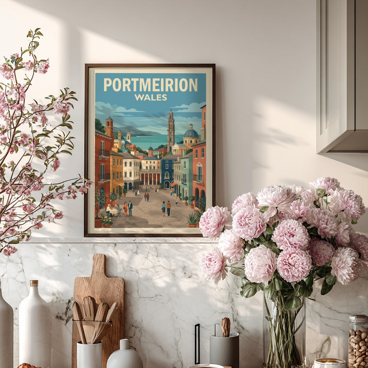 Poster of Portmeirion Wales featuring colourful Italianate architecture, a clock tower, and people walking.