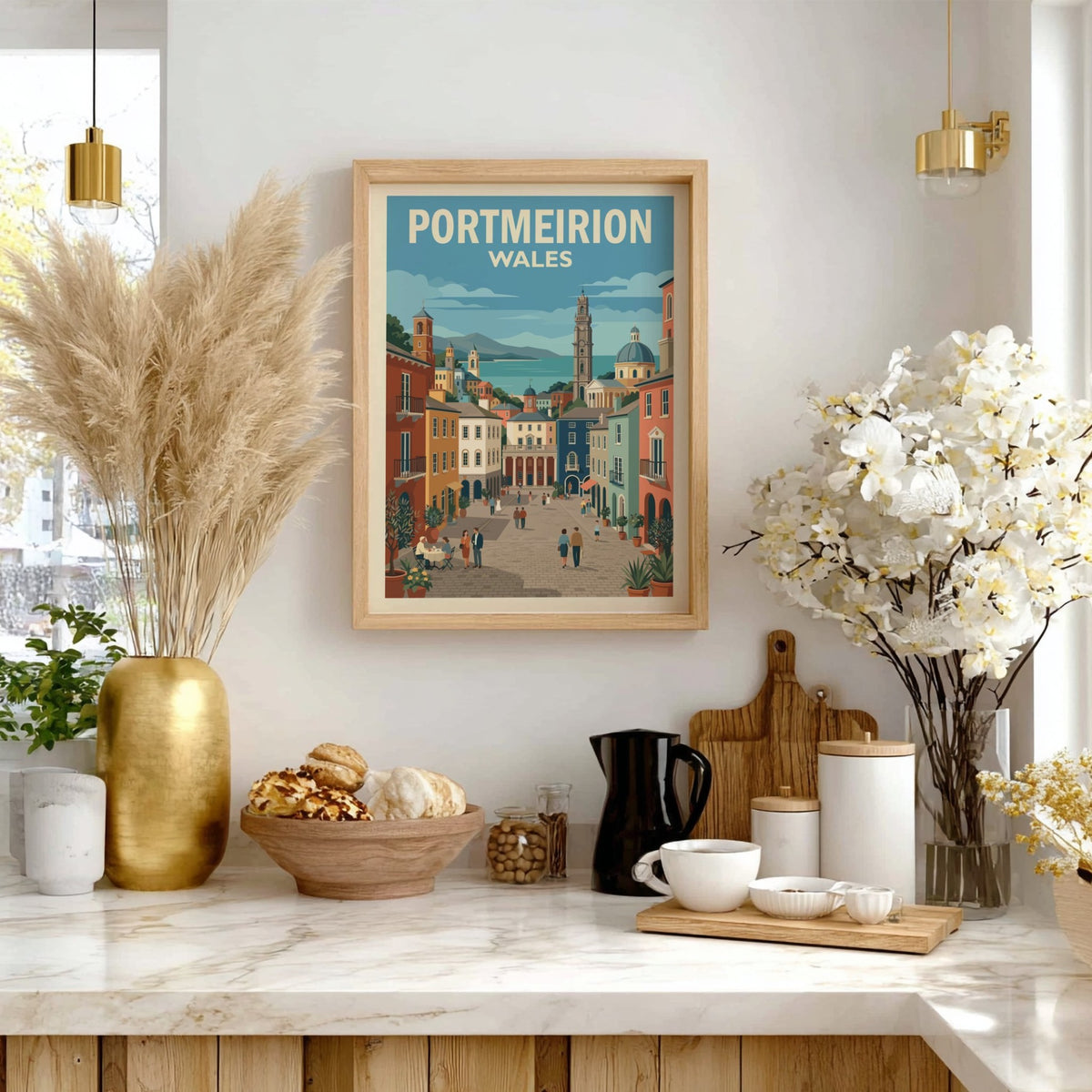 Poster of Portmeirion Wales featuring colourful Italianate architecture, a clock tower, and people walking.