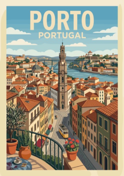 Porto Portugal travel poster showing a terracotta cityscape with a tram and bridge.