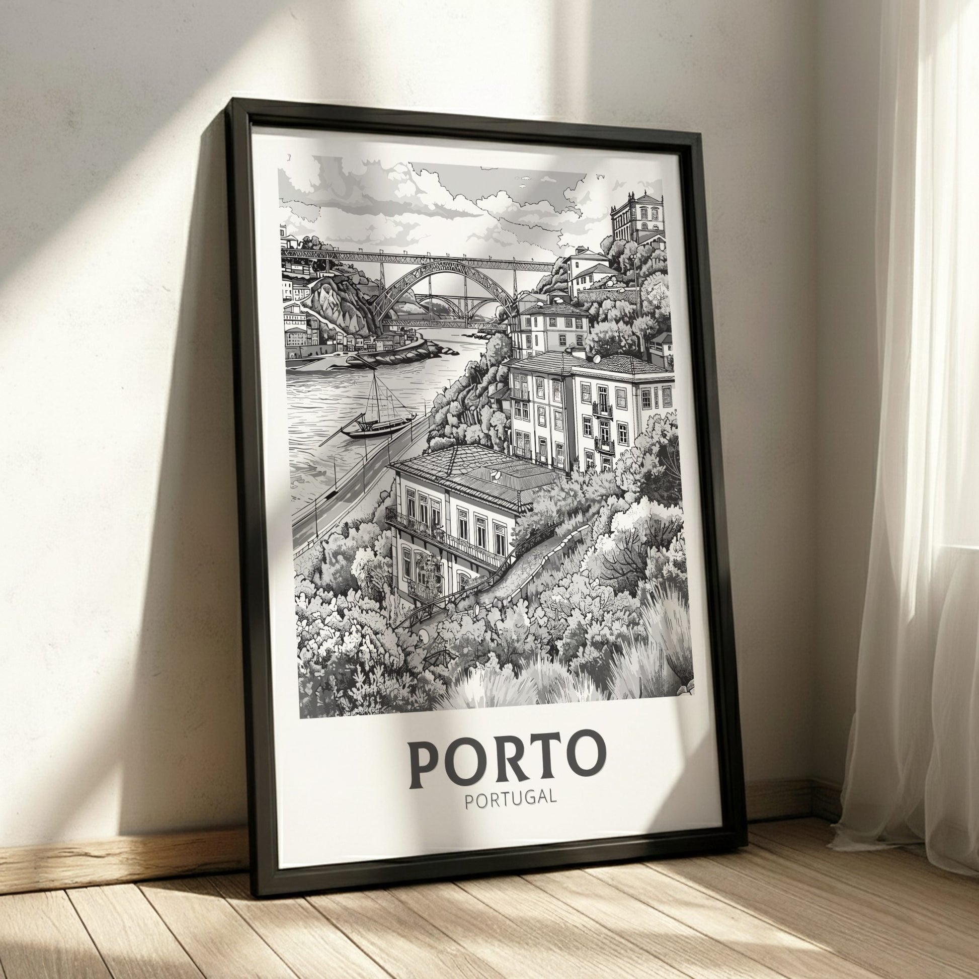 Porto Black and white travel poster on a black frame