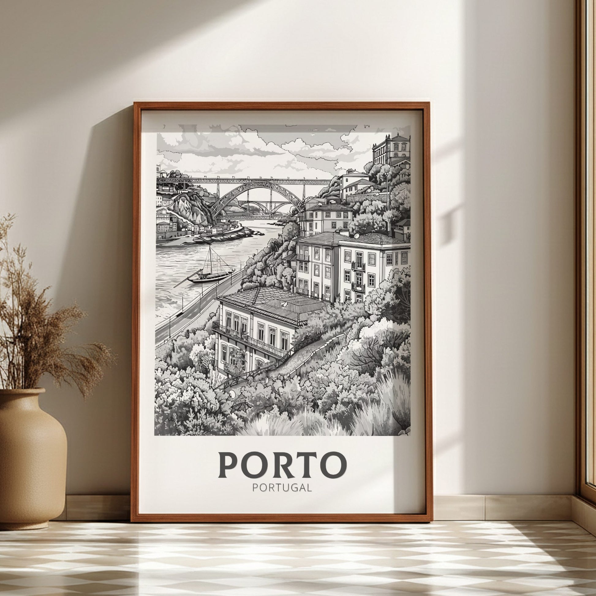 Porto Black and white travel poster on a dark wood frame