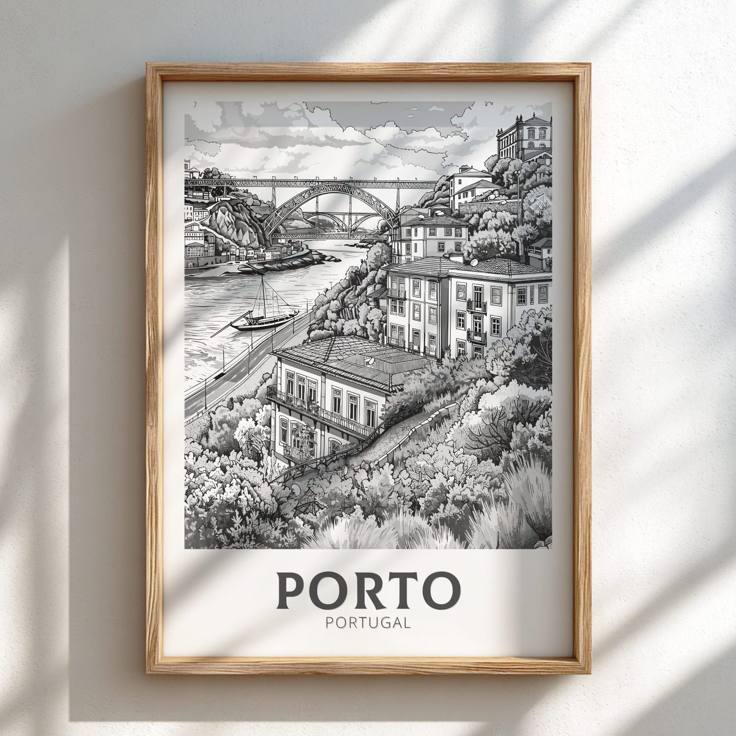 Porto Black and white travel poster on a natural oak frame